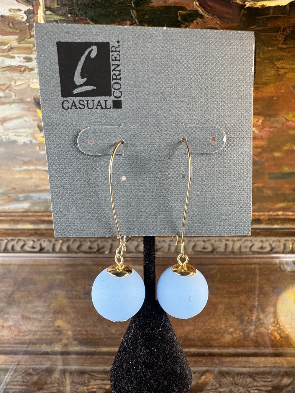 0518-Casual Corner Light‎ Blue Matte Bead Earrings with Gold Hooks